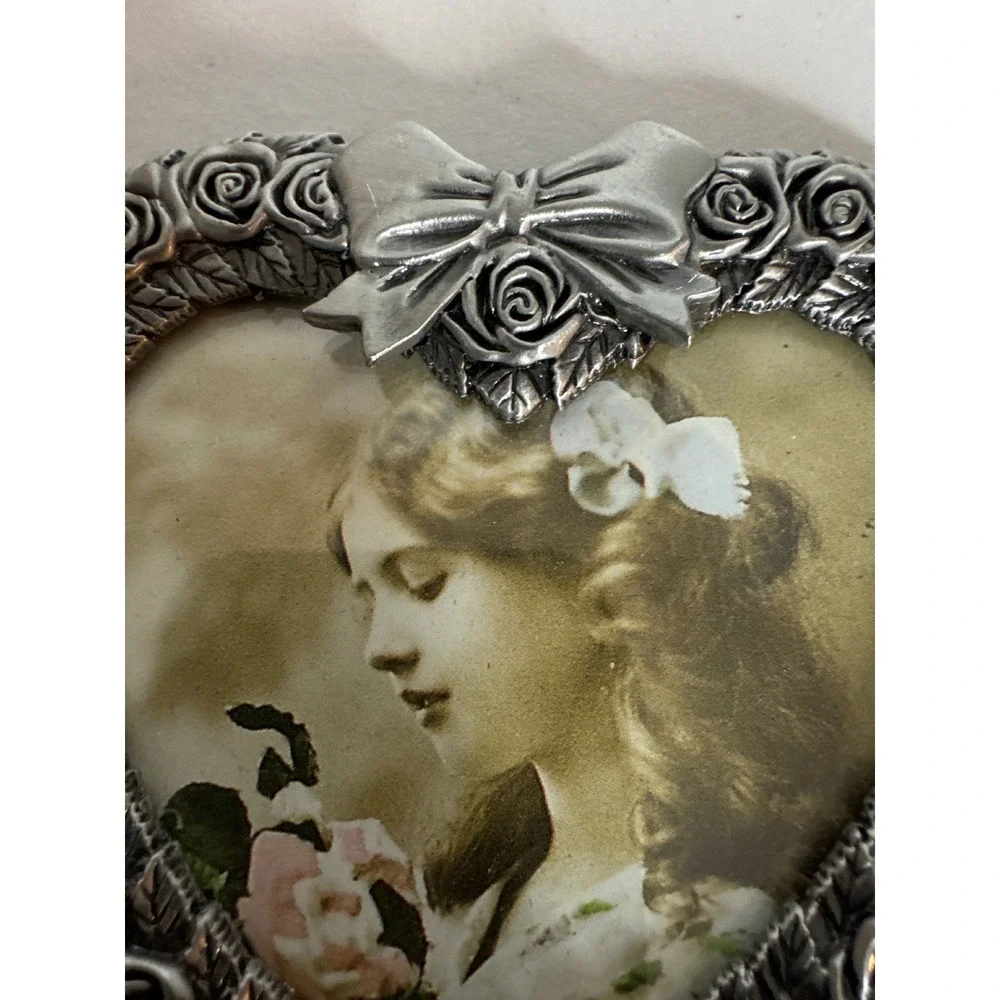 Vintage MT Pewter Tone Heart Picture Frame Rose Floral Bow Victorian Style 3.5in